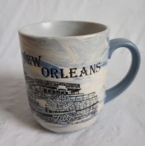 Vintage UGN New Orleans Marbleized Blue Cream Ceramic Coffee Mug Train B…